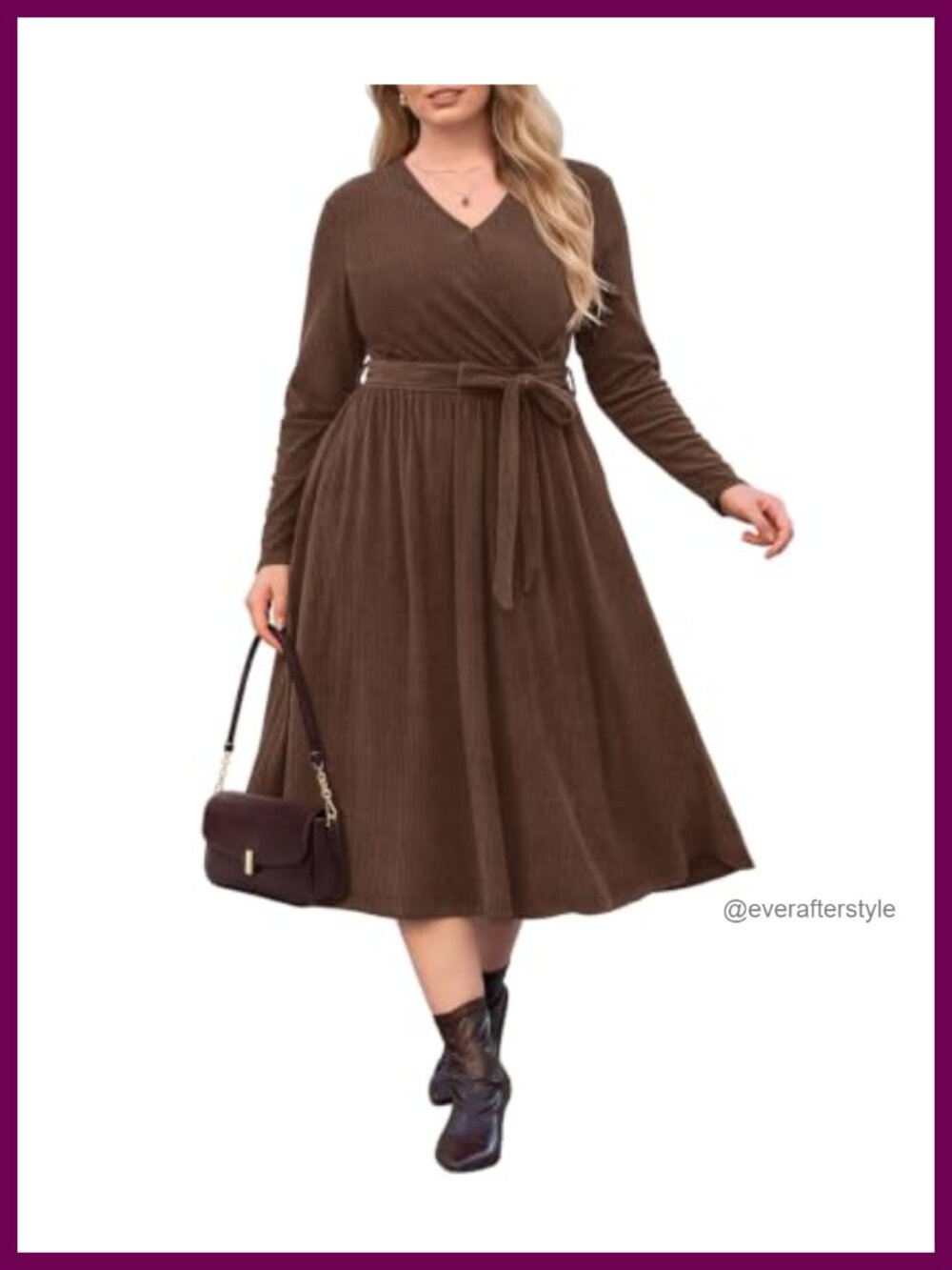Plus Size Women's Long Sleeve V Neck Wrap Knit Midi Dress A-Line Fit and Flare